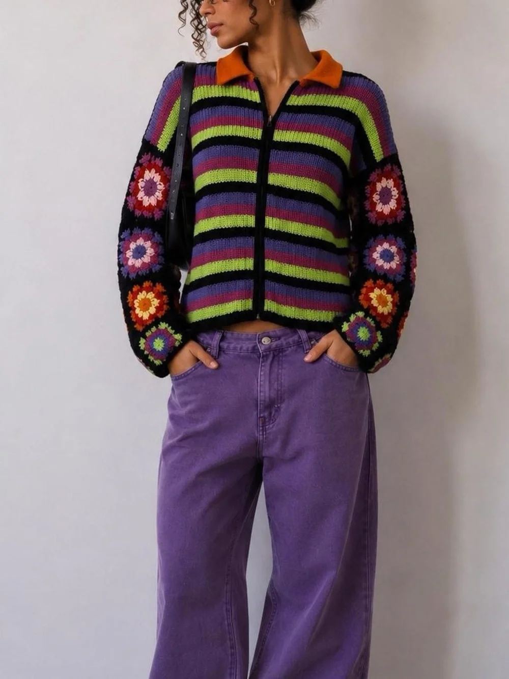 Colorblock Zip-Up Knit Sweater - Multicolor